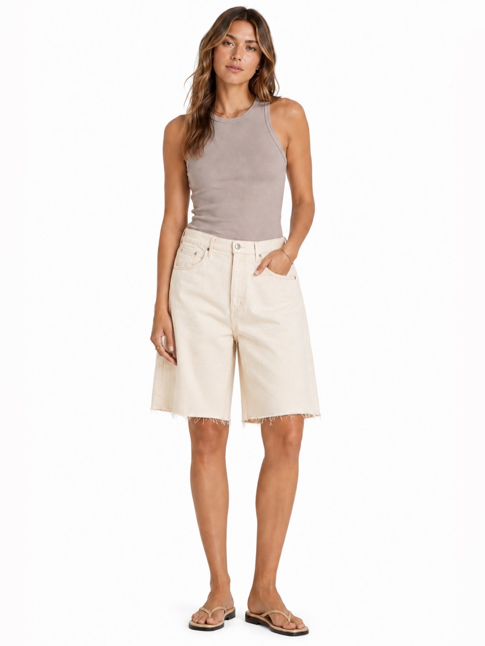MOTHER The Half-Pipe Bermuda Fray Shorts Size 33 Act Natural Cream Denim NWT